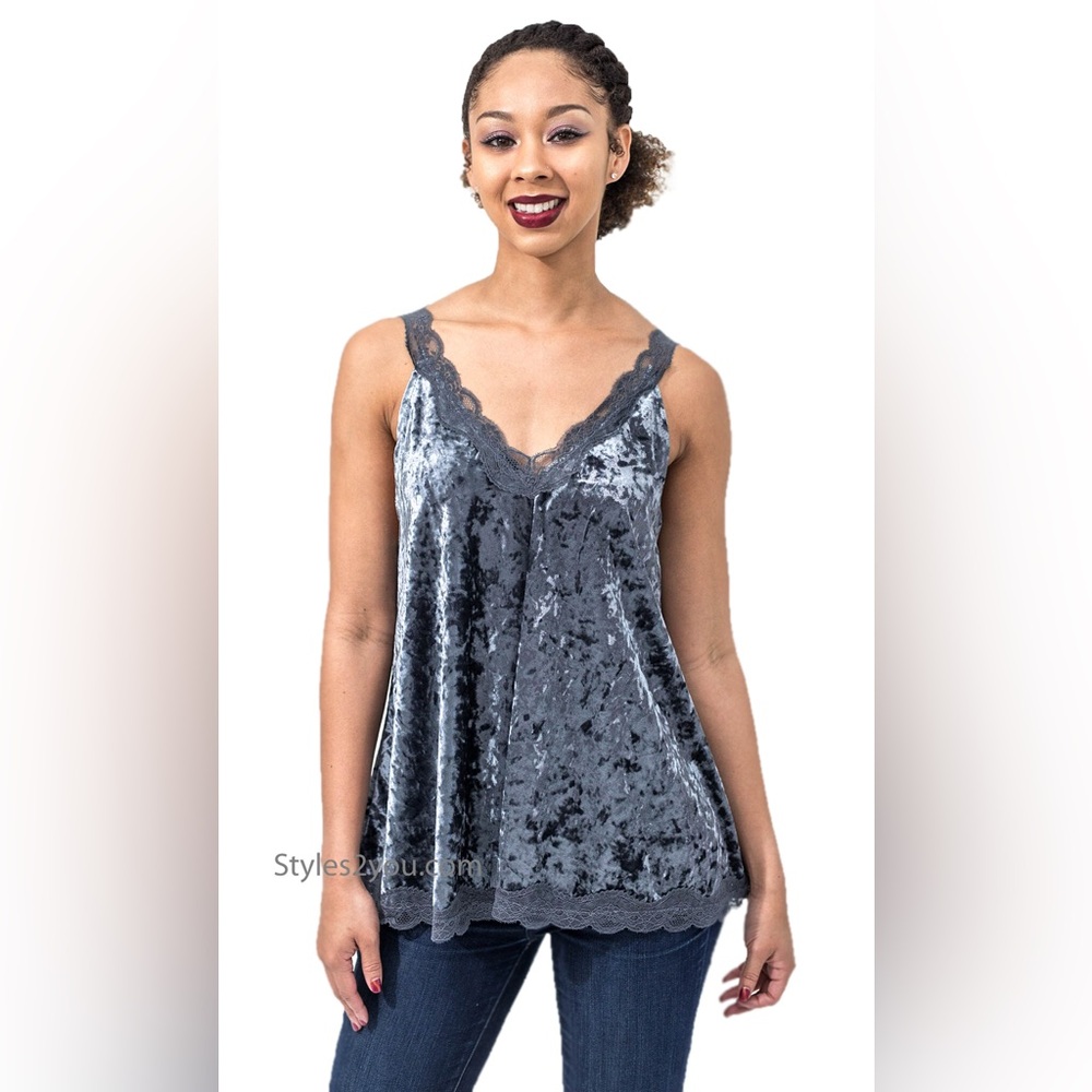 POL Brown Crushed Velvet V Neck Lace Trim Flowy‎ Tank Size Small Boho-Western - Picture 8 of 9